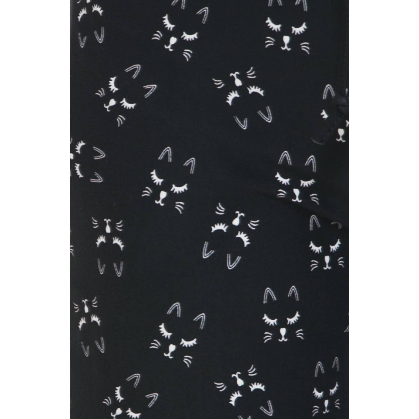 The Leggings Depot Buttery Soft Print Pajama Pants feature black fabric with a cute repeating pattern of simple white cat faces and an elastic waistband for maximum comfort.