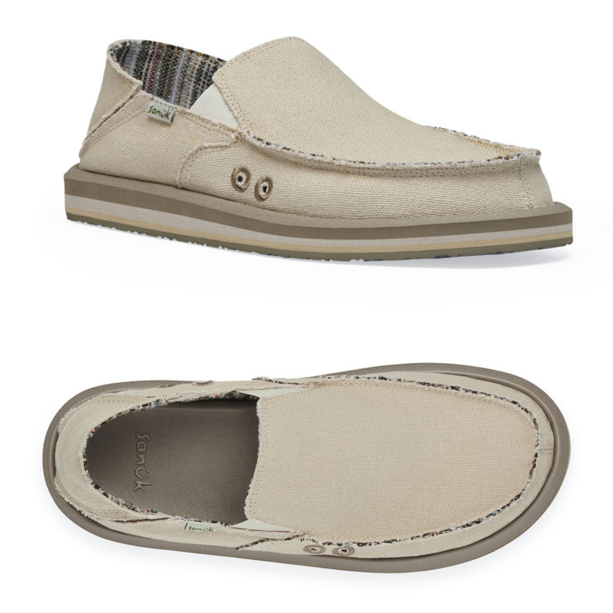 Top and bottom views of a Vagabond Soft Top in Natural canvas slip-on shoe with frayed edges and a rubber sole, featuring hemp blend uppers by SANUK - DECKERS.
