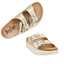 The Rumor Has It Platform Slide by Flipflops & Whatnots features metallic gold uppers, two adjustable buckle straps, white ridged soles, and a tan insole branded with "Hey Girl.