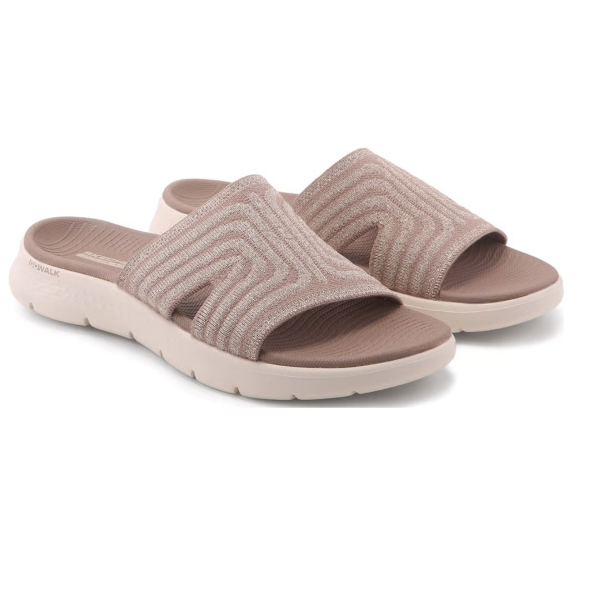 A pair of SKECHERS GO WALK Flex Sandal Stardust in Taupe, featuring stretch knit uppers and lightweight cushioning, is displayed on a white background.