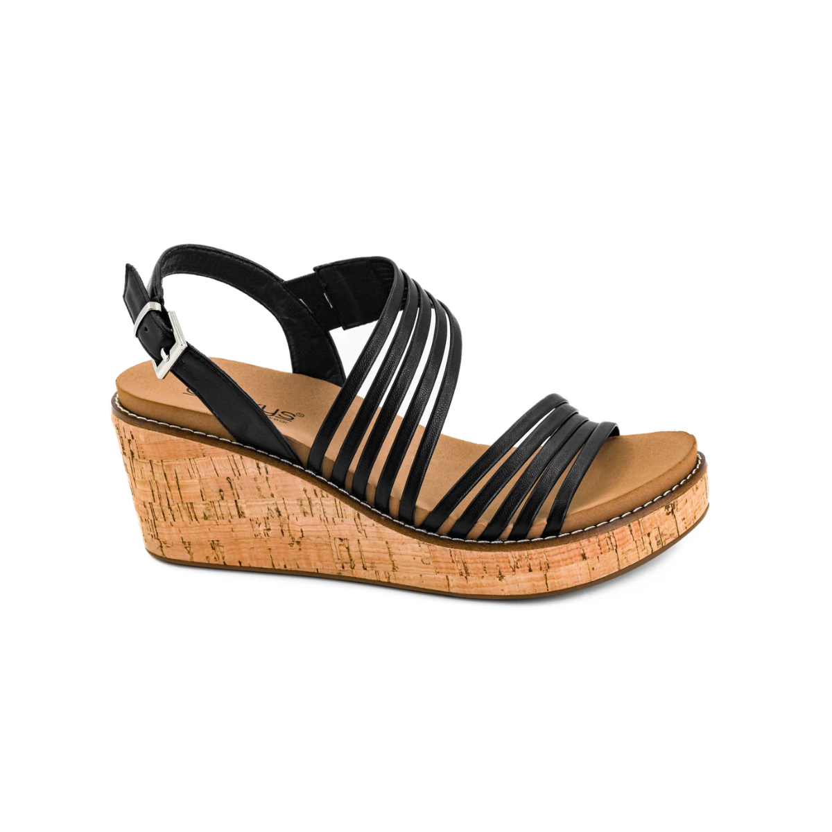 Black strappy sandal with a cork wedge sole