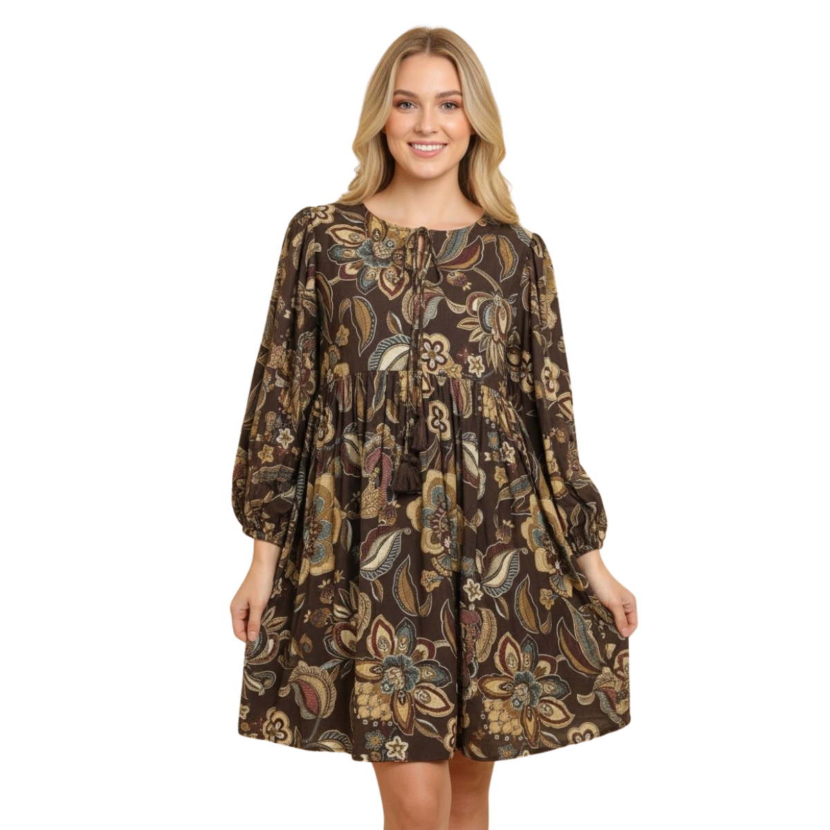 Long Sleeve Botanical Print Babydoll Mini Dress M
