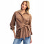Women's pinstripe button-front blouse with asymmetrical wrap-style bodice, attached hip tie and long sleeves with buttoned cuffs