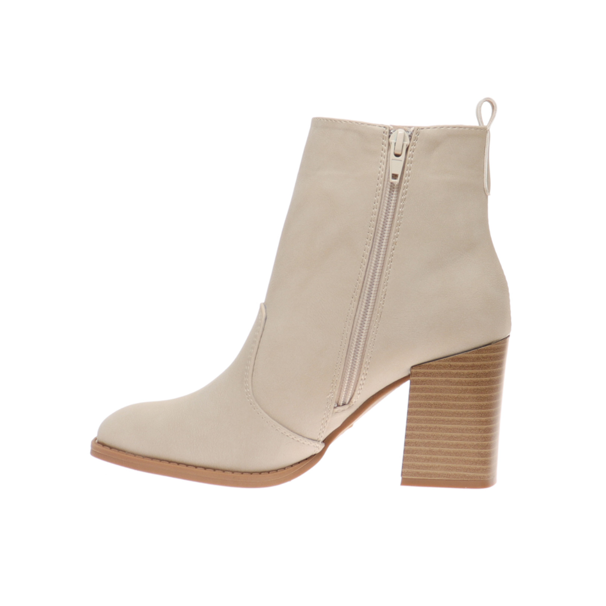 The Cammy-16 Block Heel Ankle Boot in Nude Nubuck by OLEM SHOE CORP features a side zipper and stacked block heel, shown in profile on a white background.