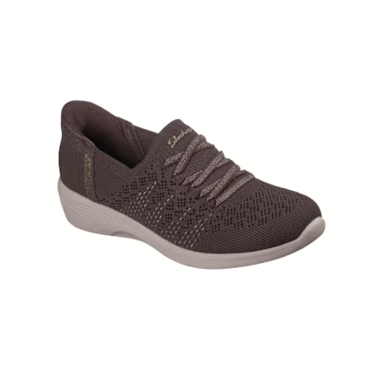 The Womens Slip-Ins Arya Sneaker in Chocolate by SKECHERS USA INC is a brown slip-on with a knit mesh upper, elastic laces, and a light cushioned sole with Air-Cooled Memory Foam, shown on a white background.