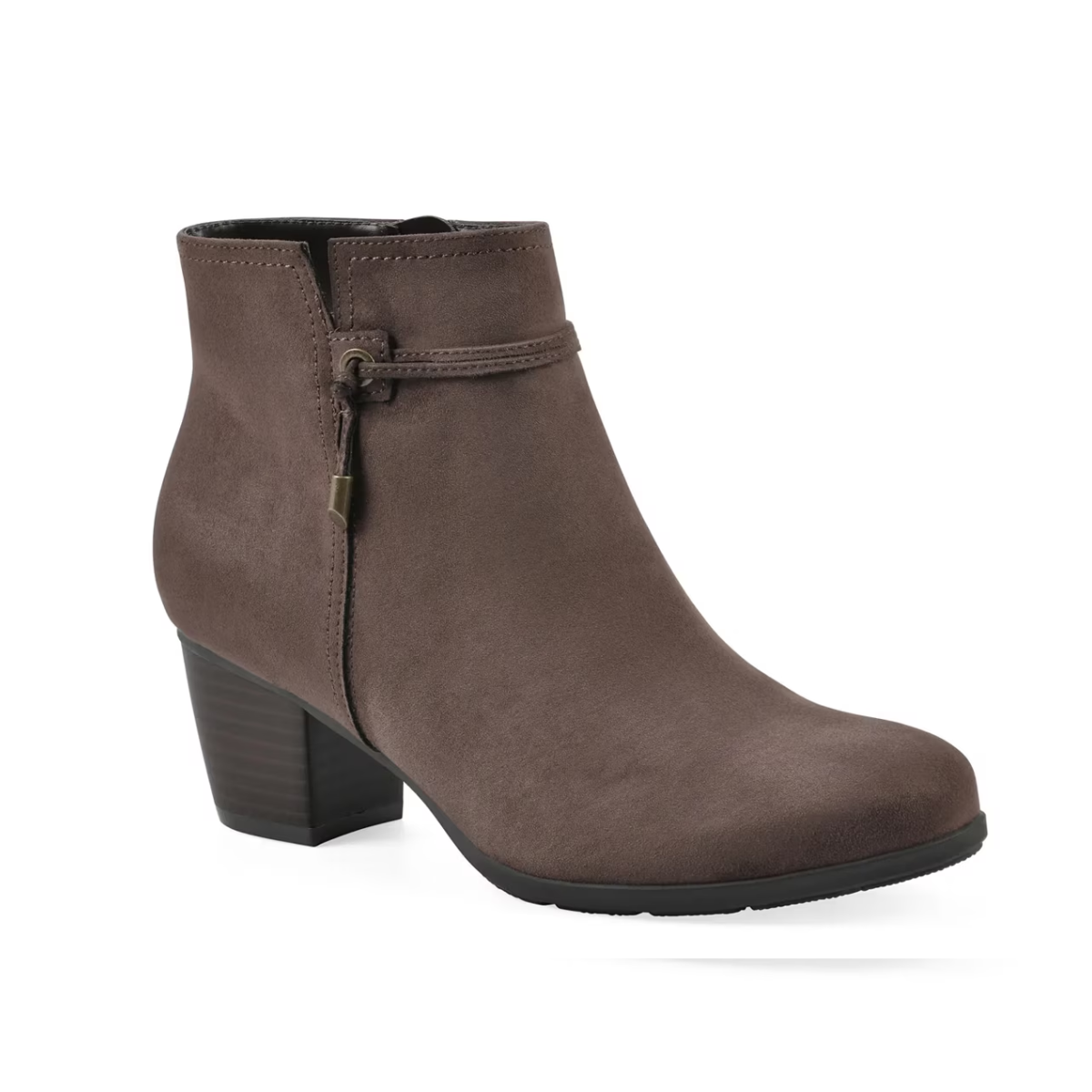 The Cliffs by White Mountain Angelo Bootie by cliffs is a taupe suede bootie with a low stacked block heel, side zipper, and decorative strap detail.