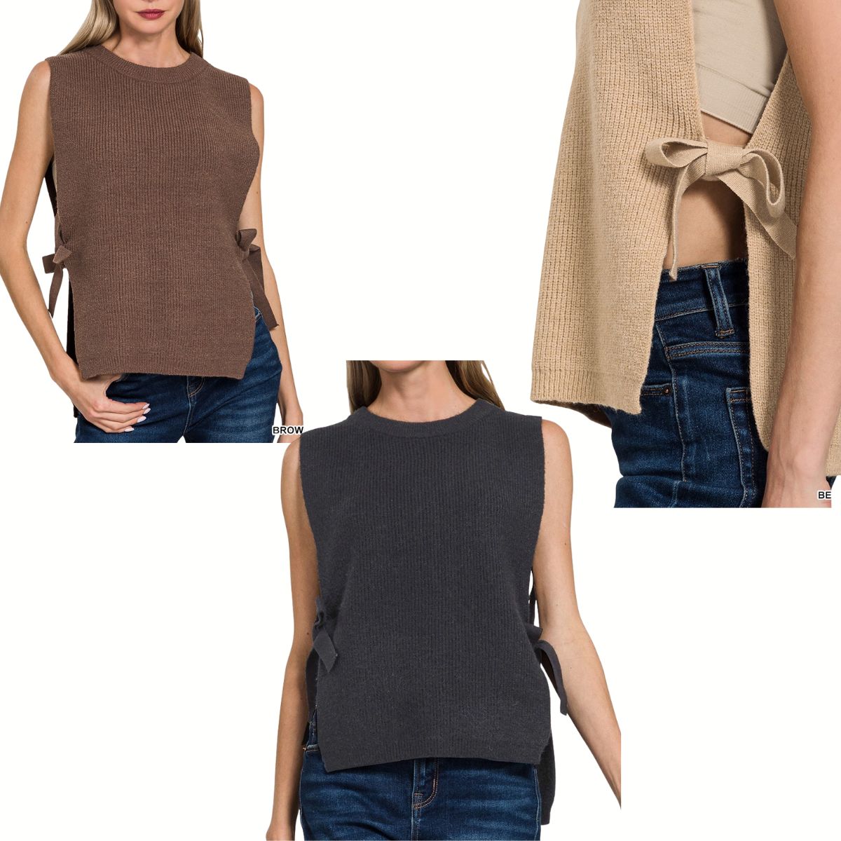 Three women model FASHION GO Side Tie Sweater Vests in brown, beige, and dark gray with side ties, each styled with blue jeans and shown from the waist up against a white background.