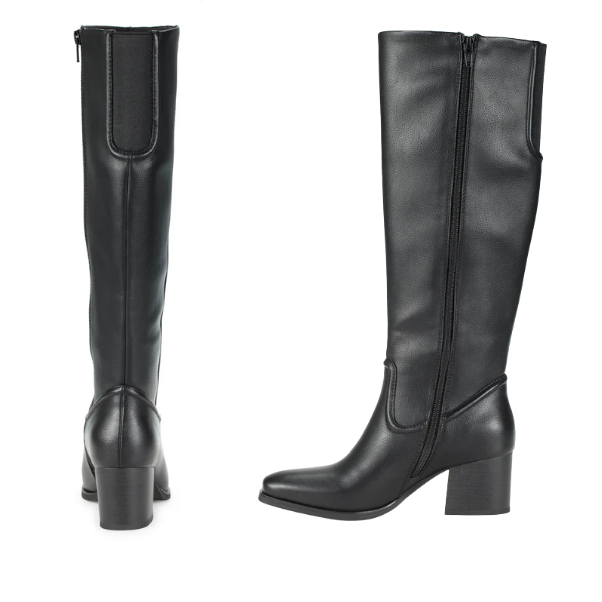 The Tammey Tall Boot in Black by Baretraps is shown from the back and side, featuring knee-high heels and a faux leather finish against a white background.