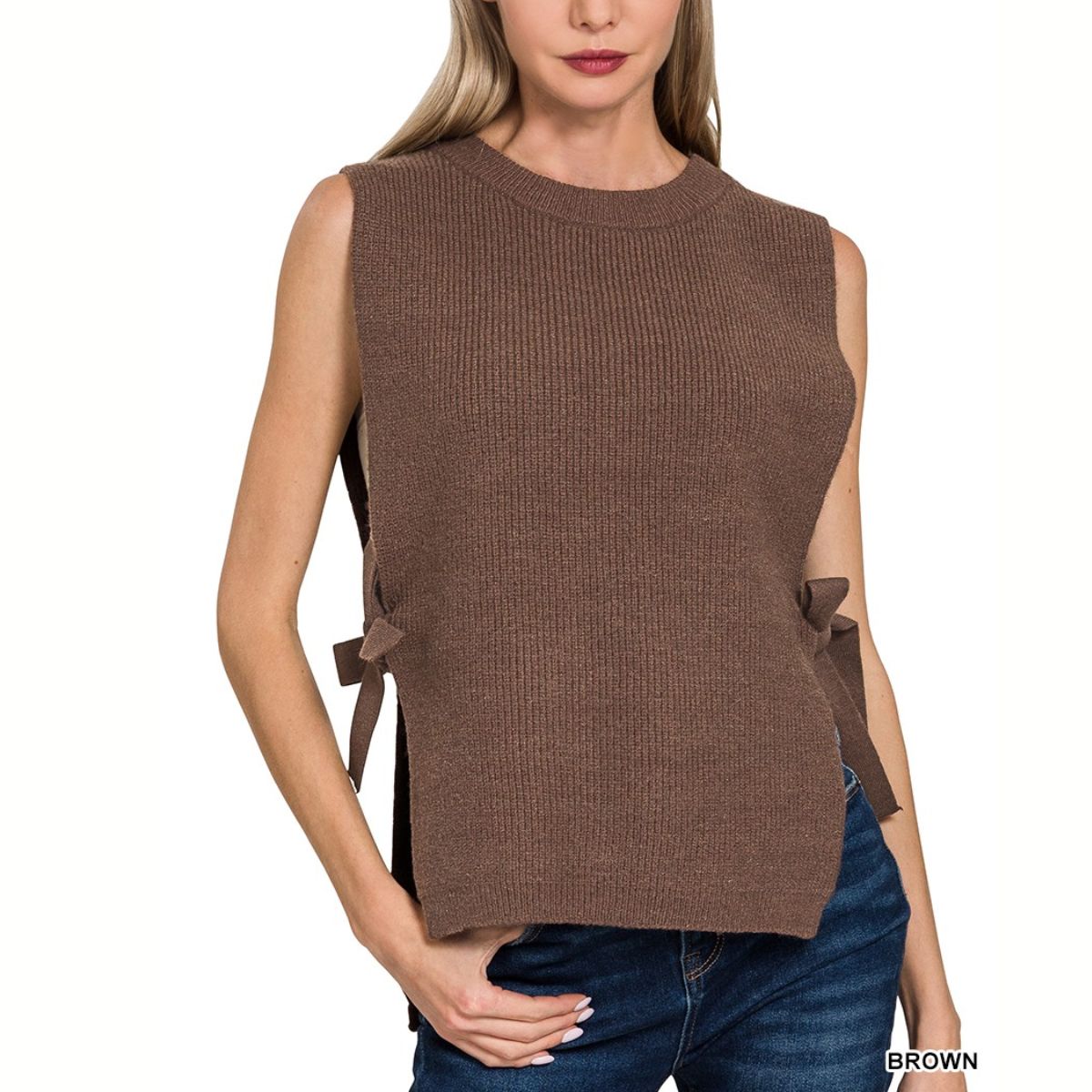 A woman wears the FASHION GO Side Tie Sweater Vest in brown with blue jeans against a plain white background.