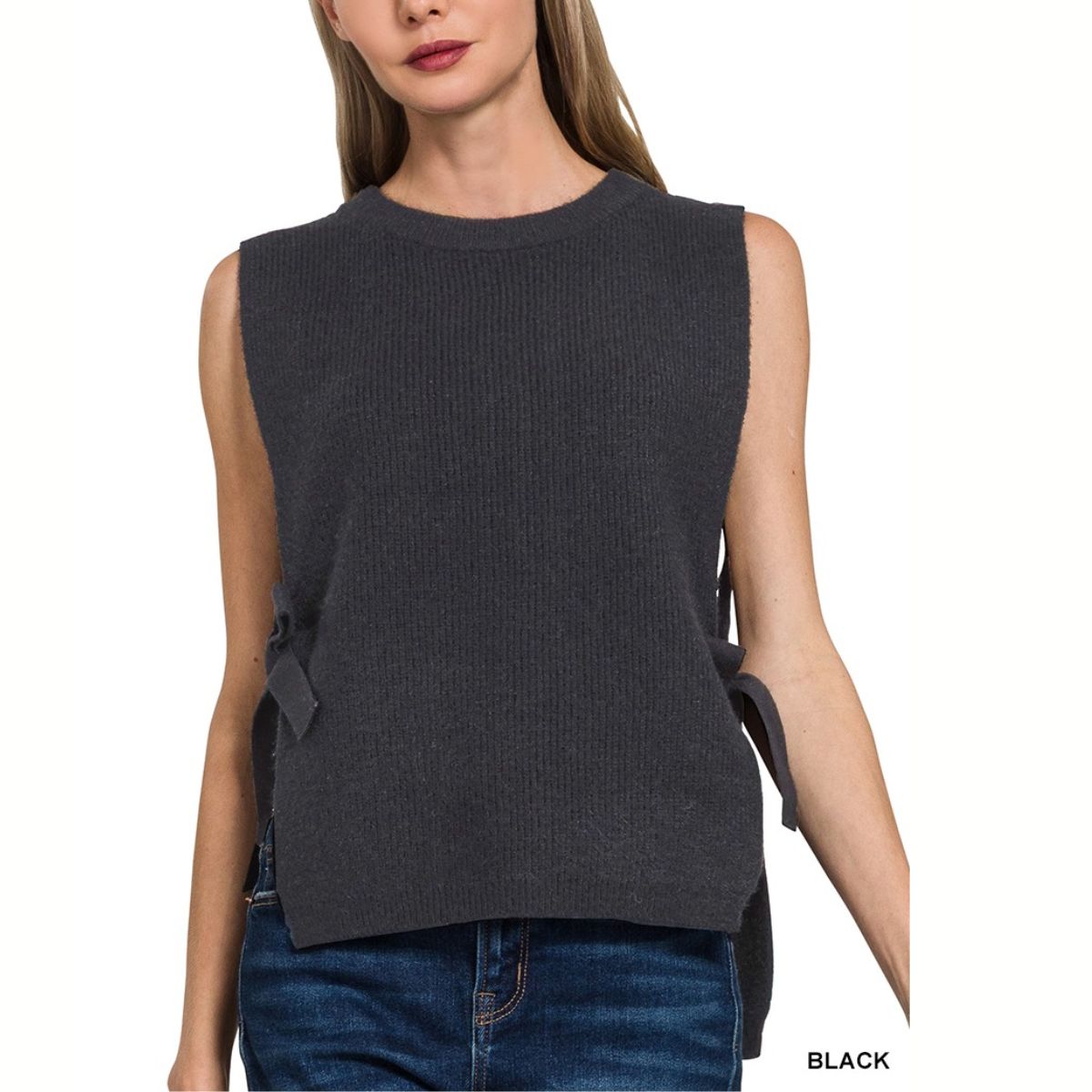 A woman wears the FASHION GO Side Tie Sweater Vest in dark gray with blue jeans. The word "BLACK" is displayed in the bottom right corner.