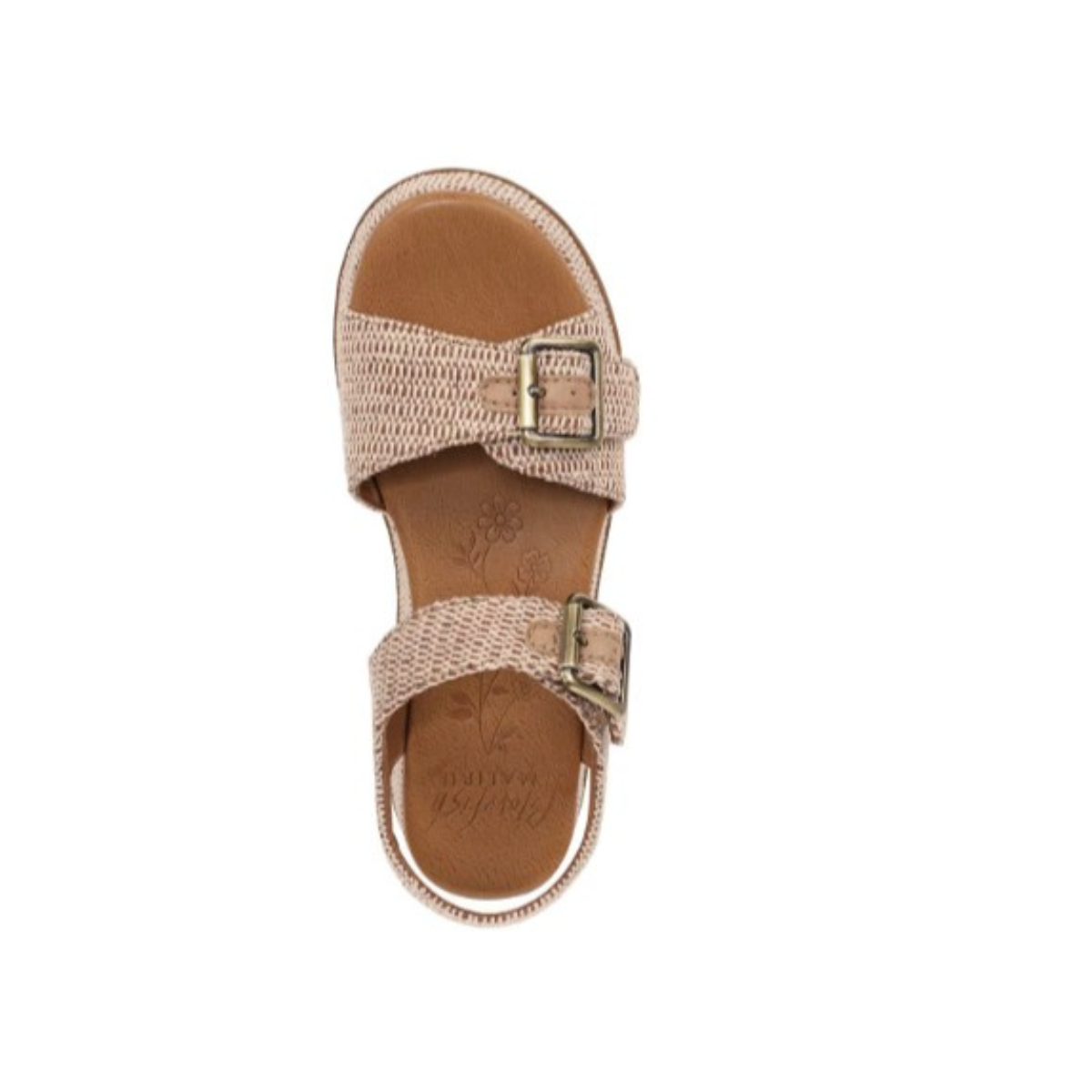 The Caleres Magical Platform Sandal is a natural tan woven sandal with two adjustable buckle straps and cushioned comfort, shown from above on a white background.