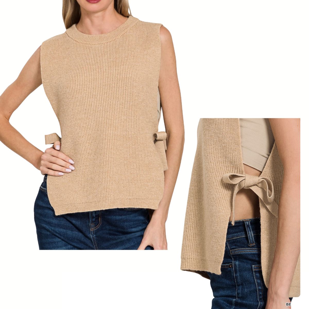 A woman wears the FASHION GO Side Tie Sweater Vest, a sleeveless beige top featuring side slits and bow tie accents, styled with blue jeans. An inset details the side bow feature.