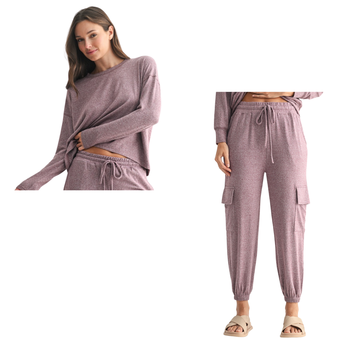 A woman wears the Mono B Brushed Hacci Cargo Lounge Pant Set in Plum, featuring a long sleeve top and jogger-style cargo pants with pockets and a drawstring waist, paired with beige slide sandals.
