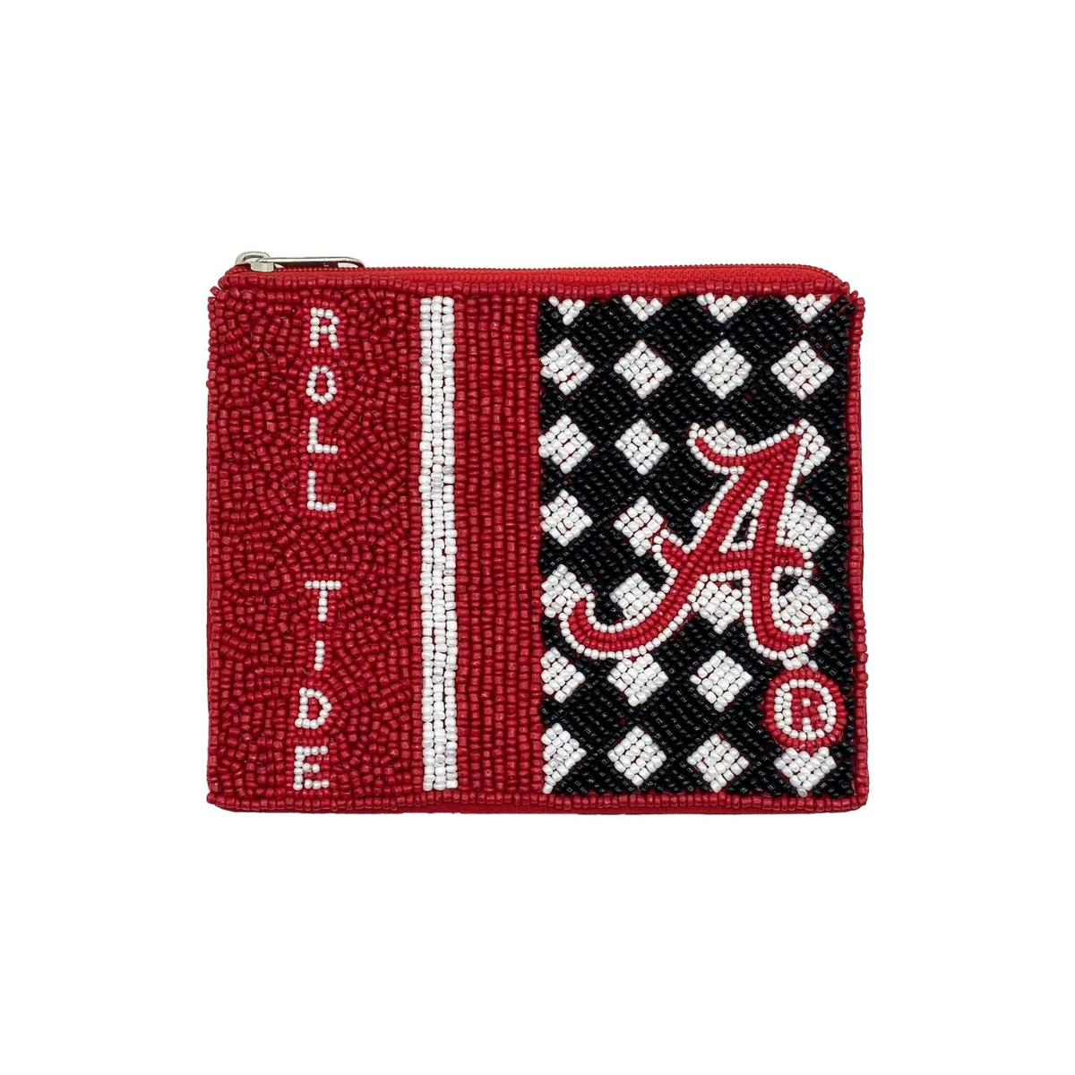 The FASHION GO Roll Tide Beaded Pouch features “ROLL TIDE” on the left, a checkered pattern on the right, and a red Alabama "A" logo on the front.