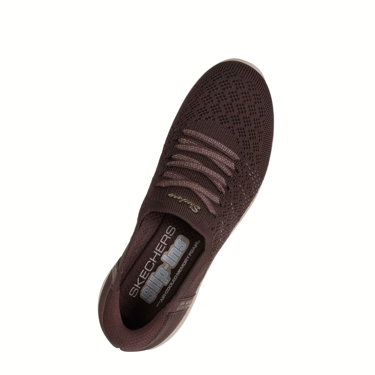Top view of the Womens Slip-Ins Arya Sneaker in Chocolate by SKECHERS USA INC, featuring a knit upper, elastic laces, branded insole, and Air-Cooled Memory Foam comfort.