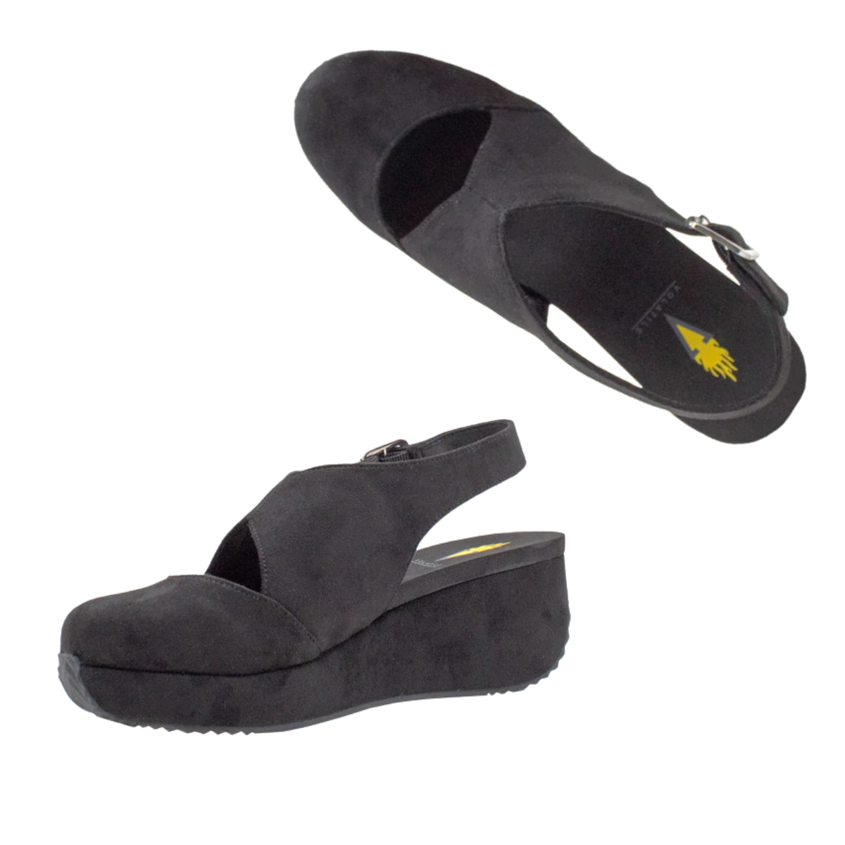 The Volatile Aurora Black Mary Jane Wedge features a cushioned insole, a slingback design, and black suede construction with crisscross straps, shown against a white background.