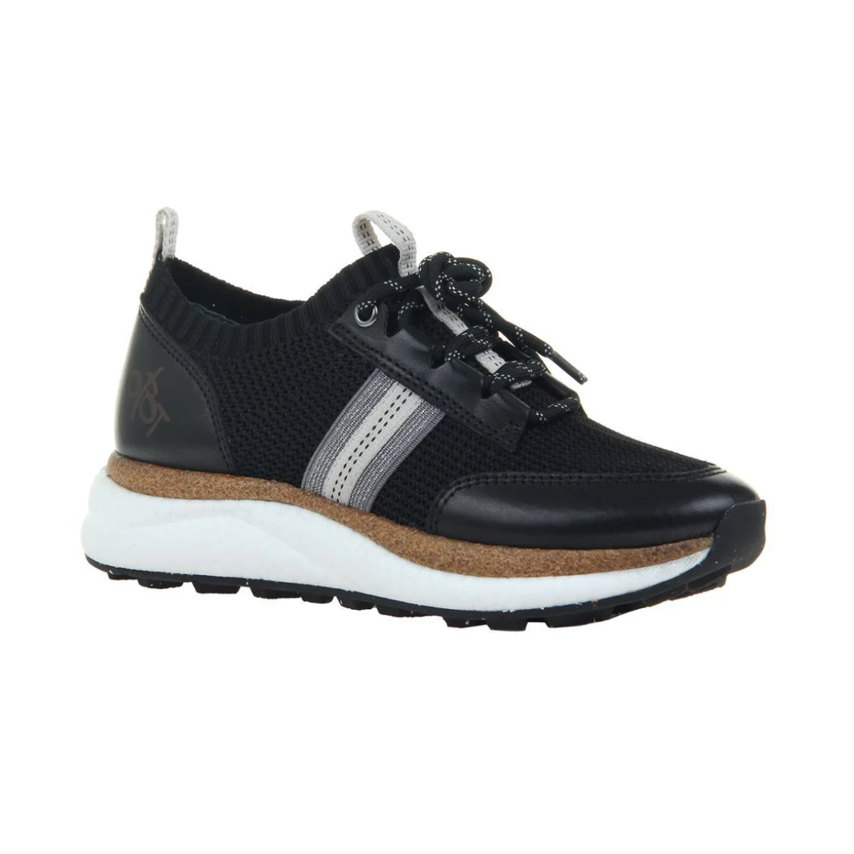 The Speed Sneakers in Black by OTBT from Consolidated Shoe Co feature a white sole, gray side stripes, a cork accent above the midsole, black laces, and a recycled rubber lug sole, shown on a plain white background.