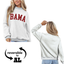 A woman models the FASHION GO Reversible BAMA Sweatshirt, a cozy game day top with “BAMA” in bold red letters on the front and a plain light gray back; graphic shows it reverses to reveal “AL.”.
