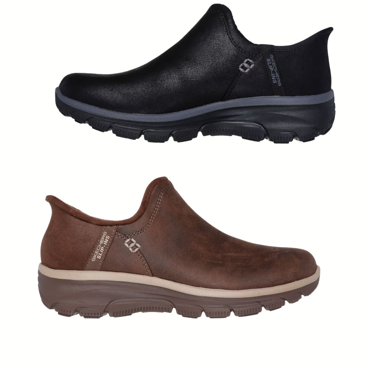 The Skechers Slip-ins Relaxed Fit: Easy Going - Modern Hour by SKECHERS USA INC are slip-on shoes in black and brown, with thick soles, subtle side branding, and Air-Cooled Memory Foam insoles for all-day comfort and effortless style.