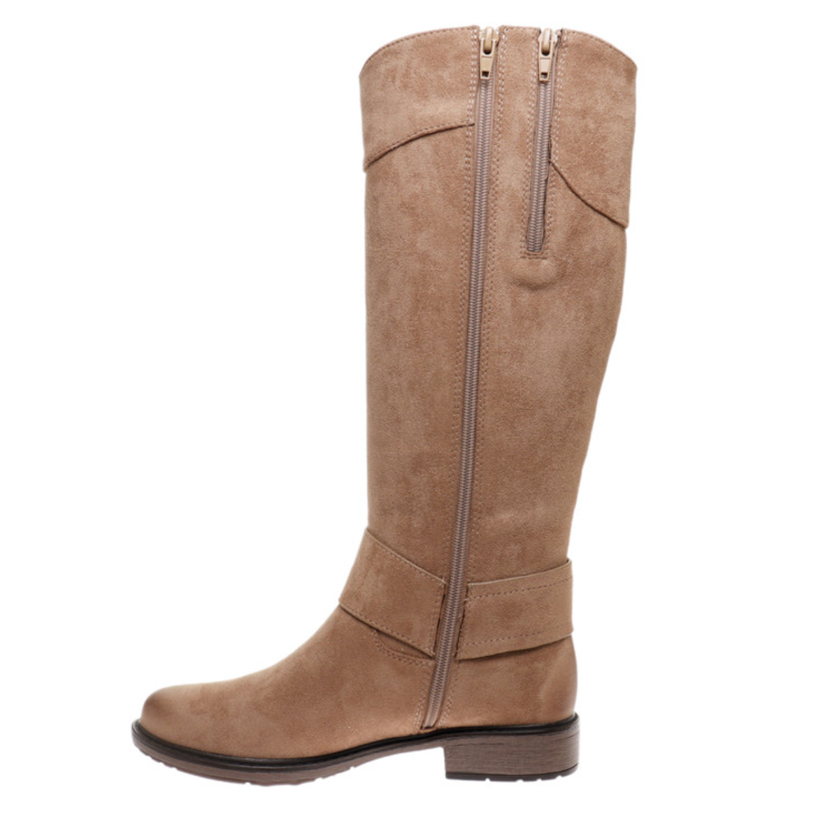The Pierre Dumas Barcelona-31 Tall Boot in Taupe by Olem is a suede knee-high boot with a low heel, side zipper, and simple stitching detail, shown on a white background.