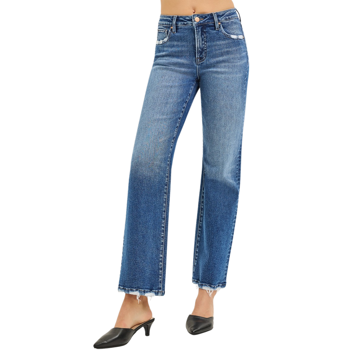 A woman models FASHION GO’s Tummy Control High Rise Ankle Straight Jeans with Distressed Pockets & Hem in stretch denim, styled with black heeled mules, shown from waist down against a white background.