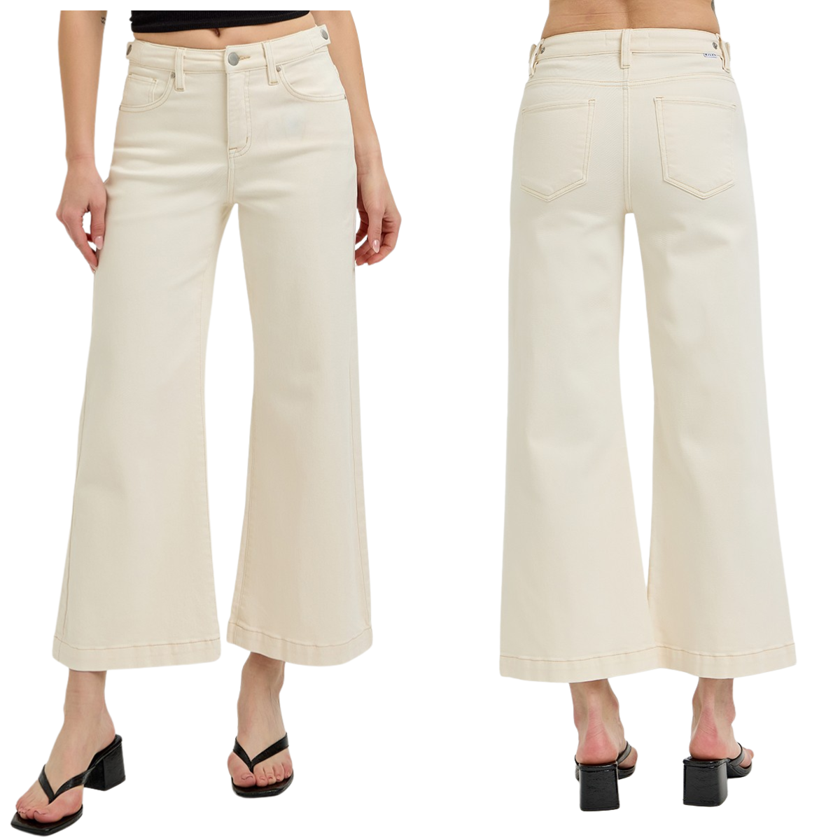 Front and back view of a person wearing FASHION GO's Tummy Control High Rise Wide Adjustable Waistband pants in Ivory, styled with black heeled sandals.
