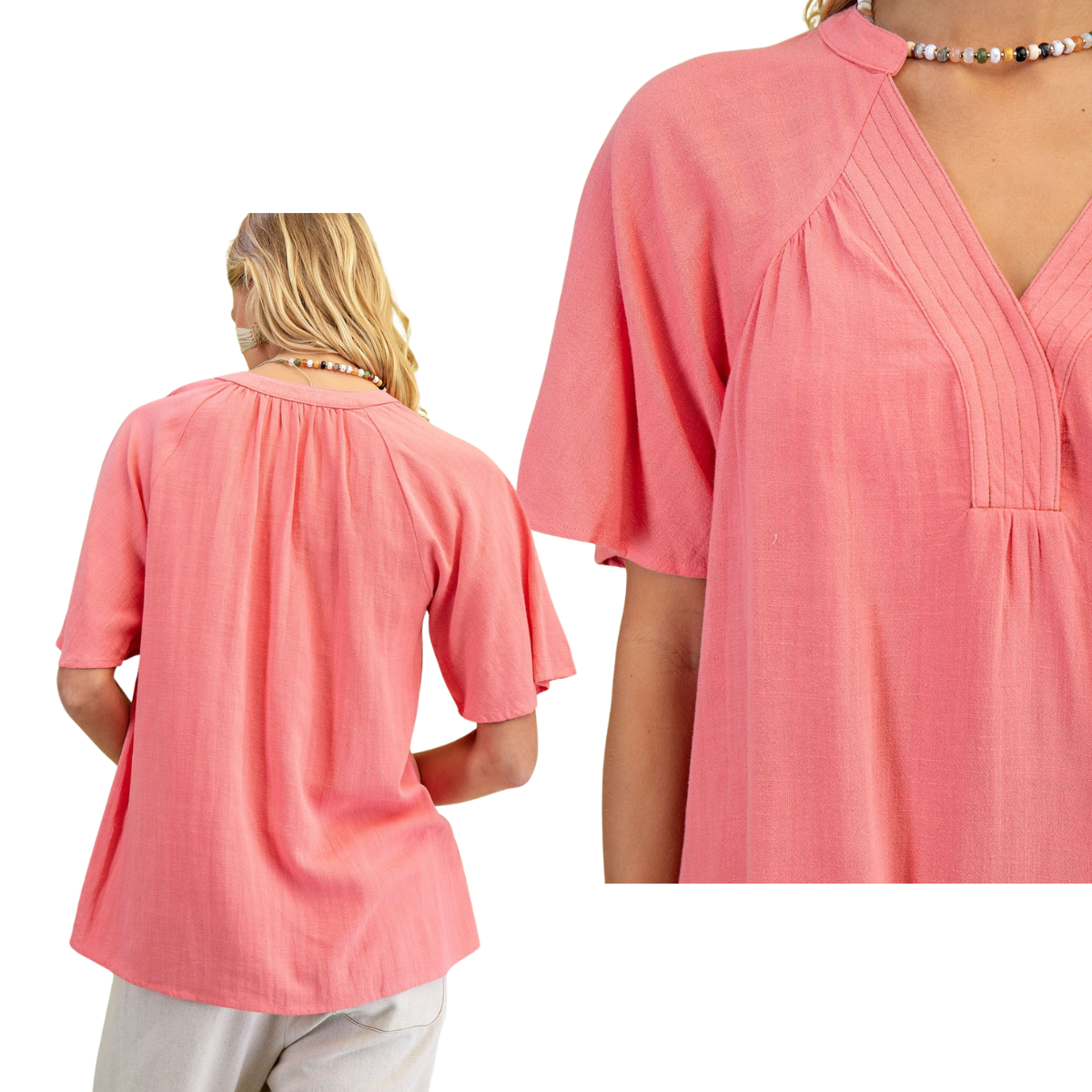 The FASHION GO Washed Linen V-neck Top features pleated details and trapunto stitching, shown front and back on a model in light pants and a beaded necklace.