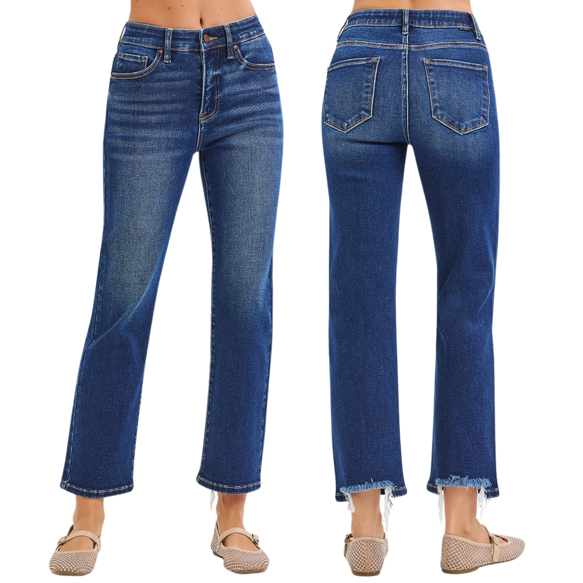 Front and back view of a person wearing FASHION GO’s Tummy Control Elastic Band High Rise Crop Straight Pants by Risen, blue straight-leg jeans with front and back pockets, frayed hems, styled with beige flats.
