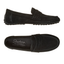 Two views of the SKECHERS Cleo Driver Smooth Lane Suede Driving Moc in black, a versatile penny loafer featuring a rubber sole and Skechers Air-Cooled Memory Foam insole branding.