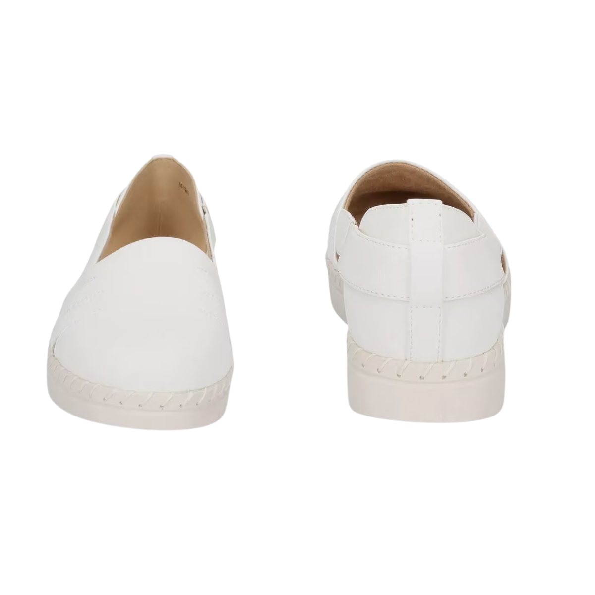 Front and back views of the EASY STREET Easy Street Bugsy Slip On in White, featuring a padded insole and woven rubber sole on a plain white background.