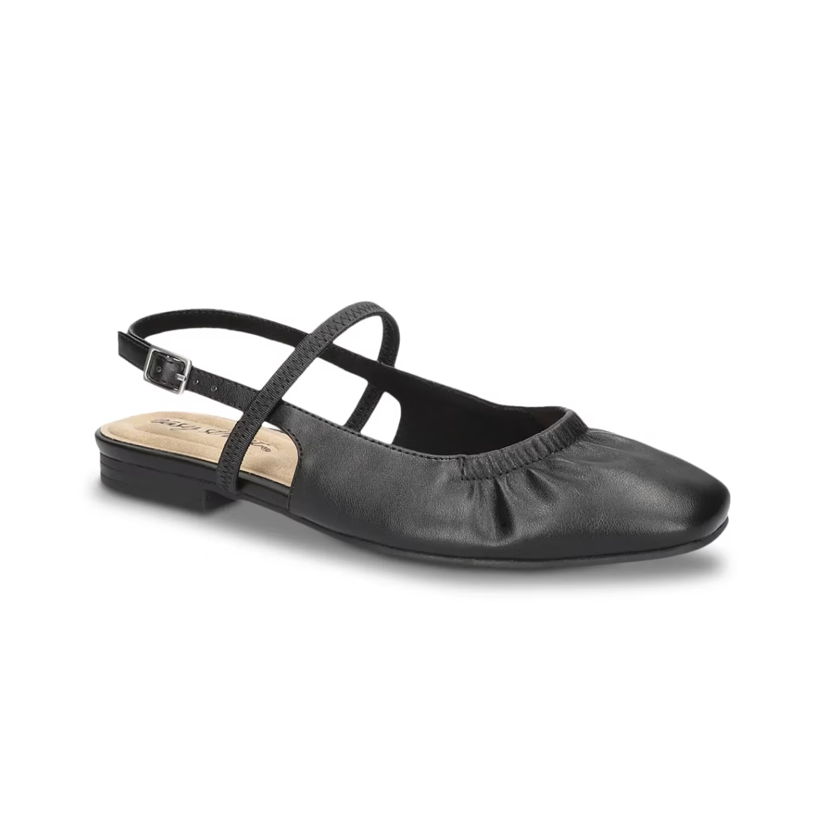 The Easy Street Blake Slingback Flats by EASY STREET feature a black pleated design, closed toe, two thin straps with an adjustable ankle strap, and a low heel—ideal comfortable work shoes for all-day wear.