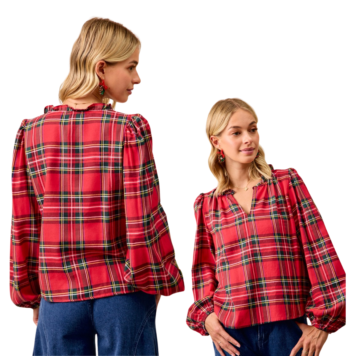 Two women model the FASHION GO Christmas Plaid Balloon Sleeve Ruffled V-Neck Top with blue jeans, shown from the back and front against a white background.