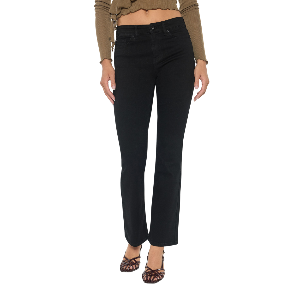 A person wearing FASHION GO High Rise Slim Bootcut Jeans in Black Wash and a brown long-sleeve crop top with patterned heels, standing against a white background.