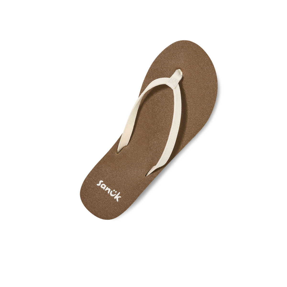 A single Yoga Joy 2 Ladies Flip Flop in White by SANUK - DECKERS, featuring white straps and a comfy memory foam footbed, shown on a white background.