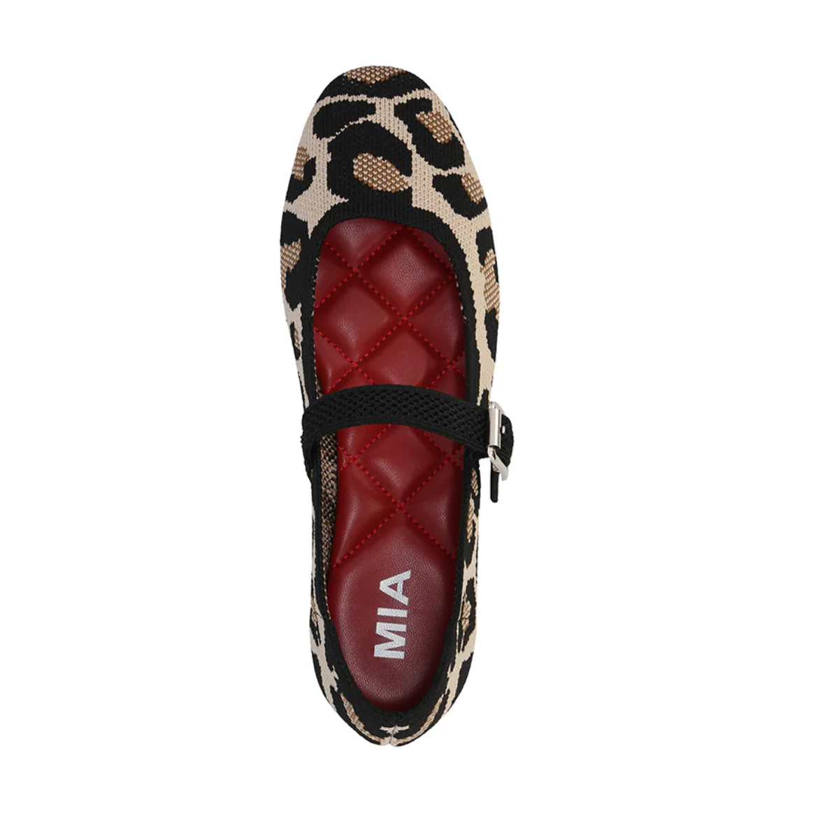 Top view of the MIA Brita Mary Jane Ballet Flat in Leopard, featuring a black strap, red quilted insole, and "MIA" branding in white on the footbed.