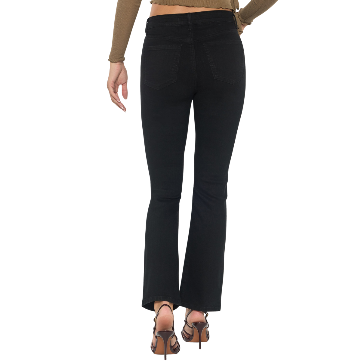 A person wearing a brown long-sleeve top and FASHION GO’s High Rise Slim Bootcut Jeans — Black Wash stands in high-heeled sandals, photographed from the back against a white background.