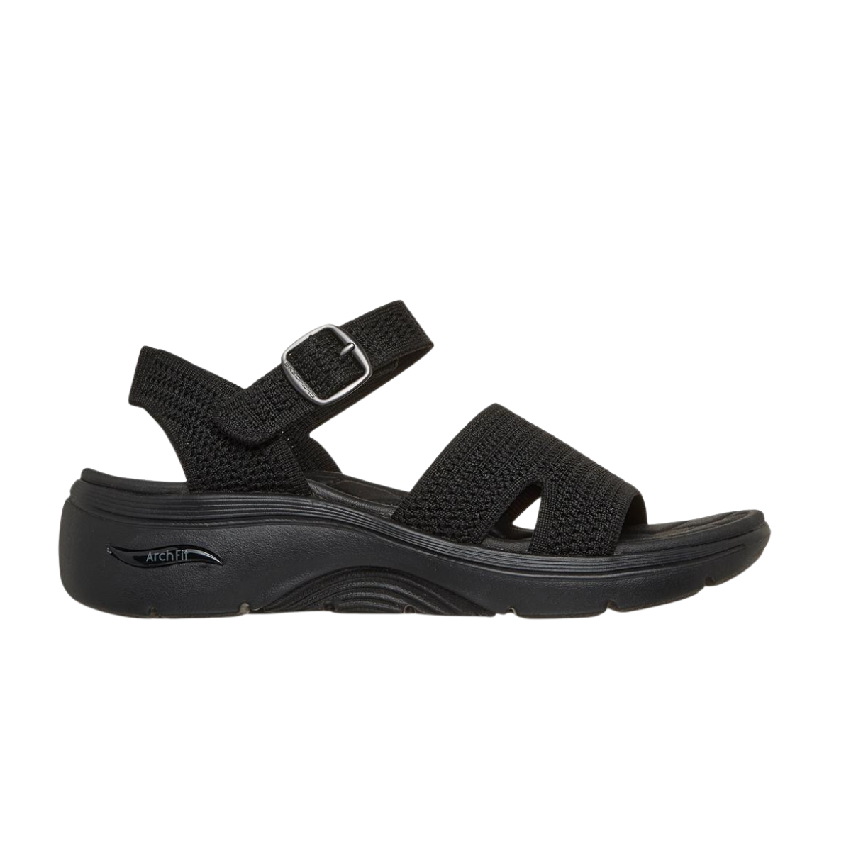 The SKECHERS Skechers On The Go GO WALK™ Arch Fit® 2.0 Sandal features a black open-toe design with adjustable ankle strap, dual front straps, and a contoured sole—perfect for comfortable walking and excellent arch support.