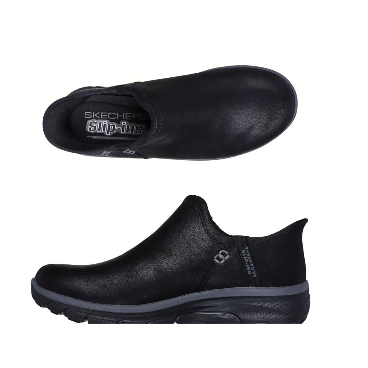 Top and side views of the black SKECHERS USA INC Skechers Slip-ins Relaxed Fit: Easy Going - Modern Hour, showcasing a rounded toe and cushioned Air-Cooled Memory Foam sole for easy, comfortable slip-on wear.