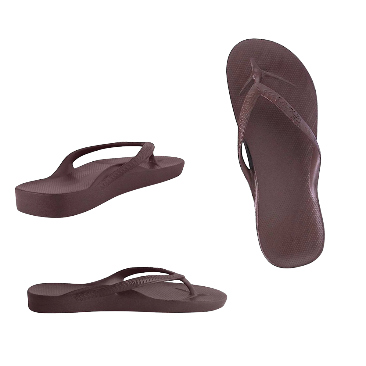 Three ARCHIES Flip Flop in Brown by ARCHIES FOOTWEAR LLC are pictured on a white background—two in side view and one from above—highlighting their arch support, simple thong style, and textured soles.