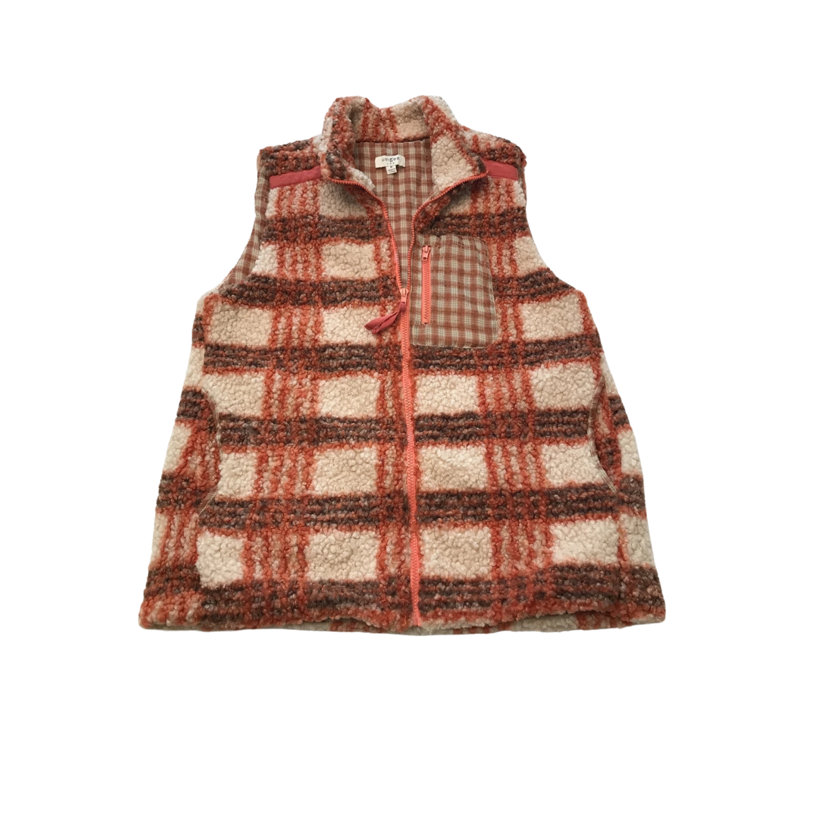 The Umgee Fleece Zip Up Vest features a brown, cream, and rust plaid pattern with a checkered chest pocket. This cozy sleeveless vest is perfect for fall layering. Shown laid flat on a white background.