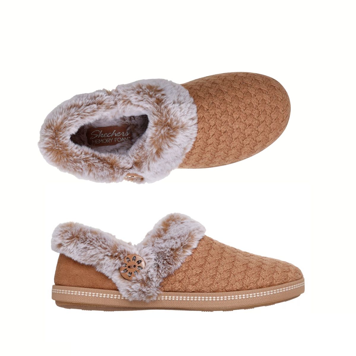 Pair of tan Cozy Campfire - Frosty Promise Slippers by SKECHERS USA INC with a textured knit exterior, plush faux fur lining, memory foam comfort, and a bear face button detail.