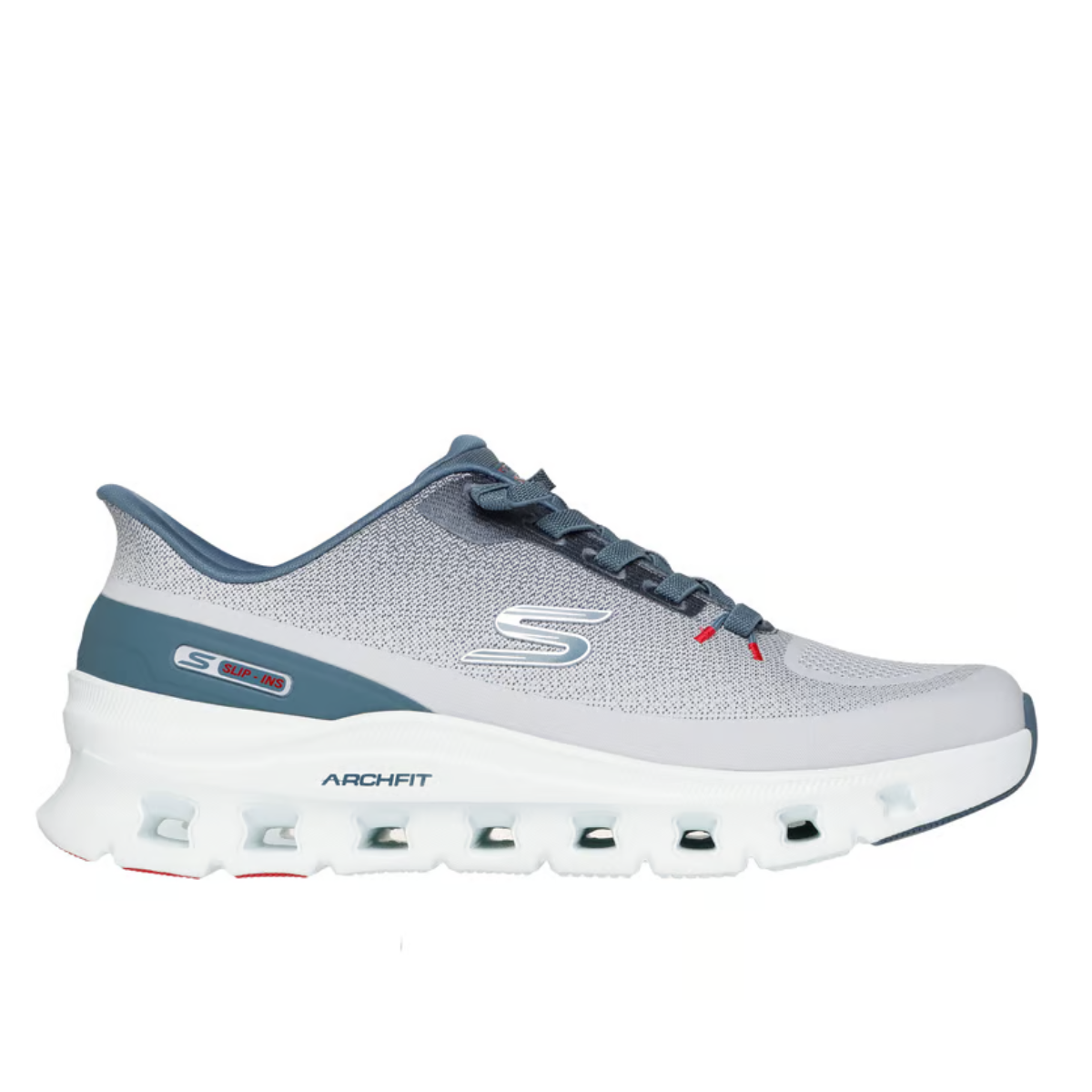 The Men's Skechers Slip Ins Arch Fit Glide-Step Pro by SKECHERS USA INC features a gray and blue mesh upper, lace-up design, white cushioned sole, Arch Fit support, and Skechers branding on the side and heel.
