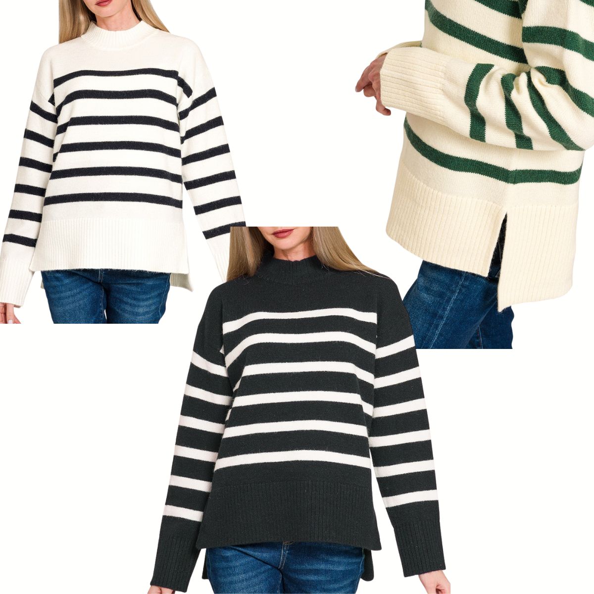 Three women model the FASHION GO Striped Mock Neck Sweater in black-and-white and green-and-white, shown from front and side views, styled with blue jeans.