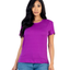 A woman wears the FASHION GO Basic Short Sleeve T-shirt in purple with a relaxed fit and blue jeans, standing against a white background—a true wardrobe staple.