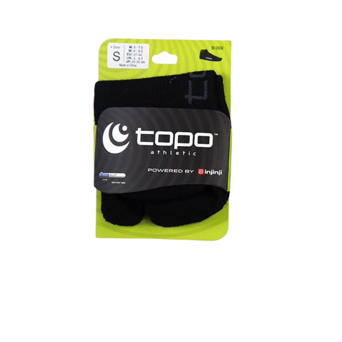 A pair of TOPO Split Toe Ankle Socks by FASHION GO in black, size small, with green-backed retail packaging, feature COOLMAX fiber for comfort and breathability and are labeled "powered by Injinji.