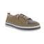 Introducing the Jodie Sneaker in Taupe Suede and Crystals by BERNIE MEV: A taupe suede sneaker accented with crystal embellishments, featuring a textured toe cap, white and brown sole, and metal eyelets—crafted for lasting style and memory foam comfort. Displayed on a white background.
