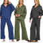 Three women modeling Scuba Collared Pullover and Pants Sets in blue, olive green, and charcoal gray, featuring scuba collars and wide-leg center seam pants.
