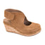 Women's chestnut brown closed-toe wedge with suede-look upper, slingback strap, cork-textured sole and stud accents