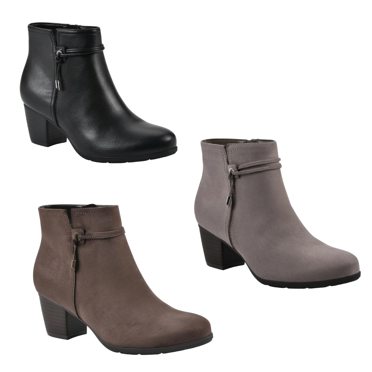Three Cliffs by White Mountain Angelo Bootie ankle boots with side zippers and stacked block heels are displayed in black, brown, and taupe on a white background.