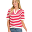 A woman models the Zenana Split Neck Stripe Short Sleeve Sweater, ideal for summer layering, paired with light blue jeans against a white background.